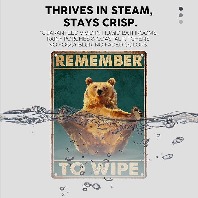 Vintage Bear Tin Sign Remember To Wipe Retro Bathroom Metal Sign Nostalgic Wall Decor Decorations for Home Toilet Cafe Kitchen Bar Man cave 16 * 12In