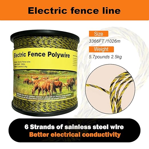 Upgraded Electric Fence Polywire 3366 feet 1026 Meters,1/8 Diameter Portable Electric Fencing Polywires, 6 Stainless Steel Strands for Reliable Conductivity and Corrosion Resistant