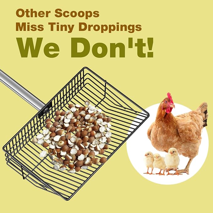 Chicken Poop Scooper with ¼” Fine Mesh Sieve - Heavy Duty Chicken Coop Scoop for Sand, Extra Wide 10” Sifting Shovel Pooper Scooper and Coop Cleaning Must Haves