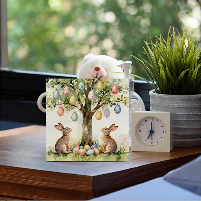 Easter Bunny Egg Tree Wooden Box Sign Desk Decor, Rustic Easter Two Rabbits Colorful Eggs Wood Signs for Bedroom Home Office Desk Table Shelf Decorations, 5x5 Inch