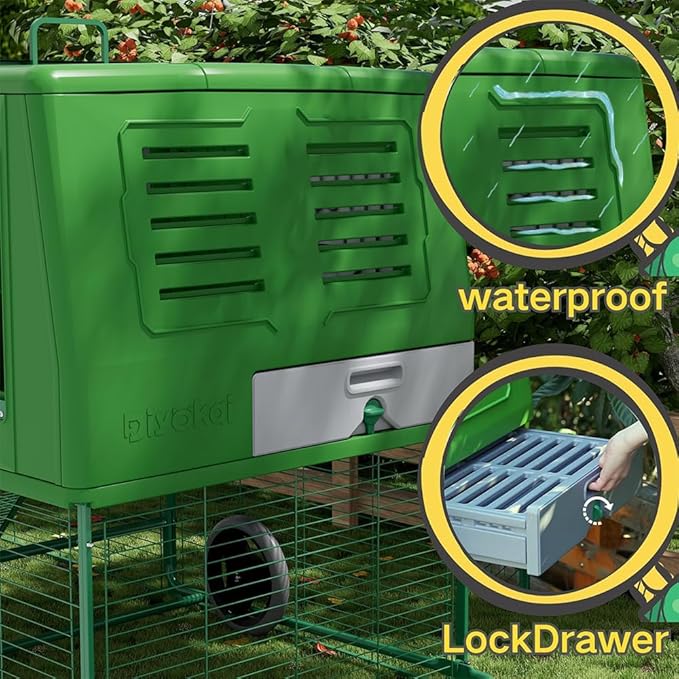 Durable Plastic Tall Chicken Coop with Run Outdoor - Portable Easy Assembly Chicken House with Insulated Besting Boxes, Waterproof Cover, Clean Drawer, Mobile Wheels (Standard)