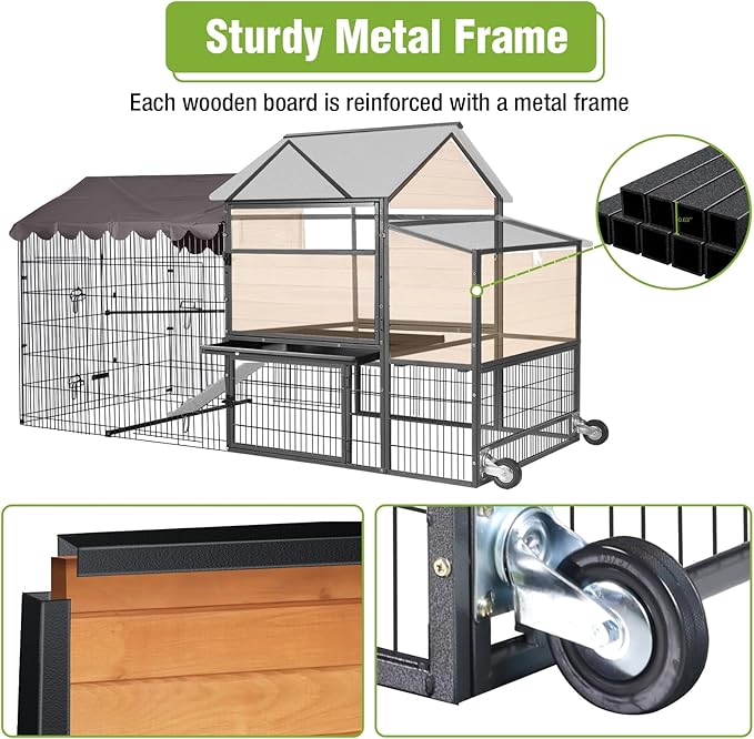 GUTINNEEN Large Chicken Coop with Metal Frame, Mobile Hen House with Wheels, Portable Poultry Cage with Run, Nesting Box, Waterproof Cover for 4-6 Chickens, Ducks