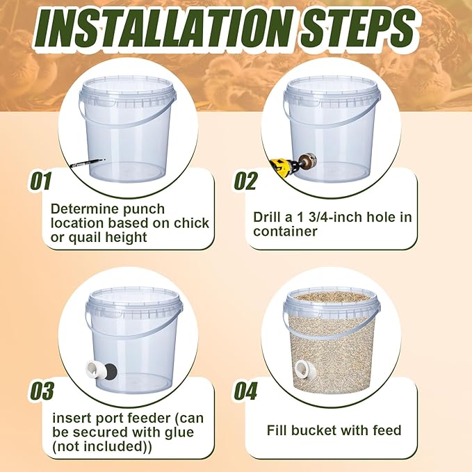 40 Pack Quail Feeders No Waste Chicken Feeder Port DIY Chick Feed Saver Quail Supplies for Coturnix Small Poultry Farm Bucket Bin Container (1.5 Inch,White)
