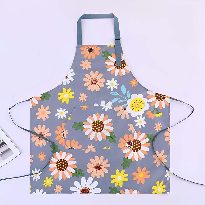 Floral Aprons with Pocket Blooming Women Waterproof Apron Adjustable Neck Long Ties Women Men Cook Baking Garden