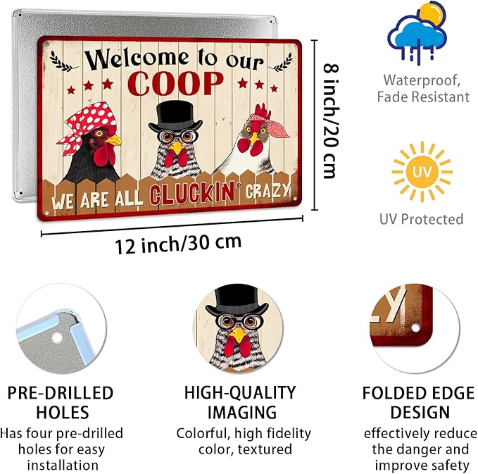 Welcome to Our Coop We Are All Cluckin’ Crazy Metal Tin Sign Funny Chicken Coop Decor Chicken Wall Art Farmhouse Farm Home Coop Entrance Wall Decor 8x12 Inch