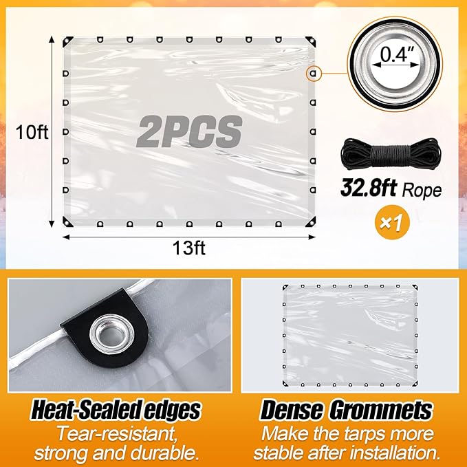 10x13ft Anti-Tear Clear Tarp Waterproof - 2pcs Windproof Poly Tarpaulin, Heavy Duty Transparent Enclosure with Grommets for Covering Chicken Coops Greenhouse Garden Plants