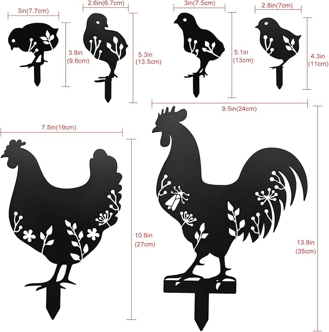 6Pcs Chicken Yard Art Garden Metal Statue Decor, Lifelike Rooster Hen Animals Stakes Outdoor Decorations, Black Hollow Out Chickens Family Silhouette Sets for Farmhouse Pathway Lawn
