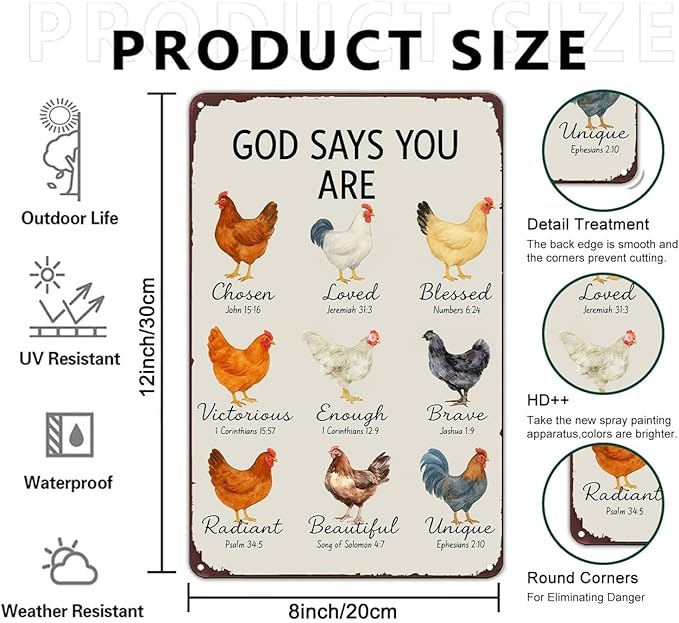 Funnysign Chicken Gifts God Says You Are Amazing Vintage Tin Sign for Chicken Coop Farm Kitchen Garden Yard Decor 8x12 inch (3912)