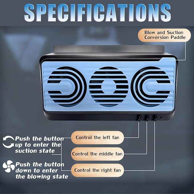 Car Solar Powered Exhaust Fan - 180 Vehicle Ventilation Fan with Three Air Outlet (Black-Blue)