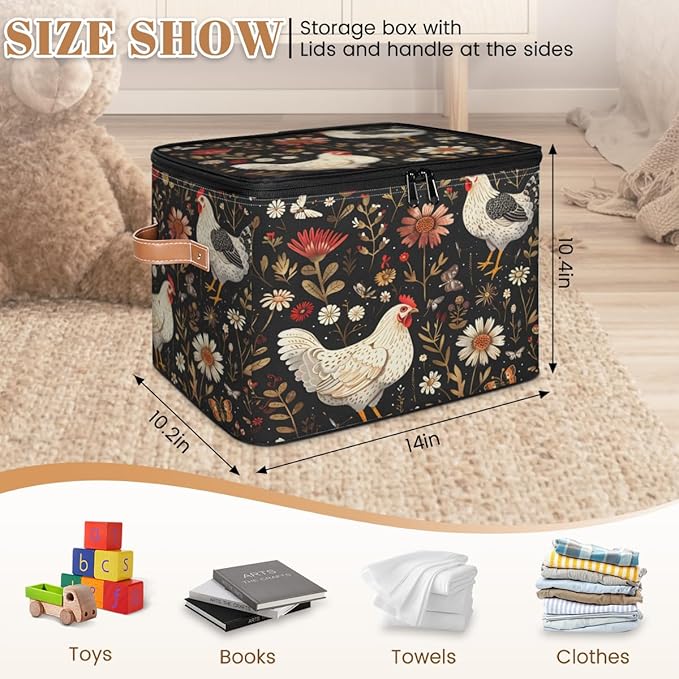 Farmhouse Chicken Storage Bins with Lids, Boho Wildflower Fabric Storage Boxes with Zipper, Collapsible Decorative Closet Organizer Cube for Clothes, Toys, Organizing, Shelves