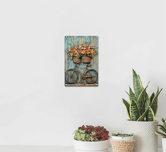 Vintage Floral Bicycle Metal Sign Rustic Farmhouse Daisy Floral Wildflowers Tin Signs Flower Still Life Bike Aluminum Wall art for Home Garden Patio Farm Yard Bar Bathroom Decor 8x12 Inch