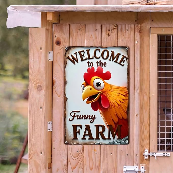 FunnySign Chicken Gifts Rooster Décor Welcome To The Funny Farm Rustic Tin Sign For Home Farm Chicken Coop Decor 8x12 Inch (9706)
