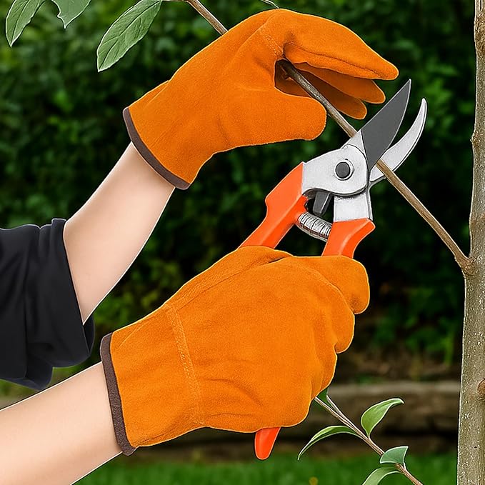 12 Pairs Leather Work Gloves Cowhide Leather Gardening Gloves with Reinforced Palm and Elastic Band, Thick Leathers Glove for Men Women Construction, Wood Cutting, Driving, Automotive Repair (Yellow)