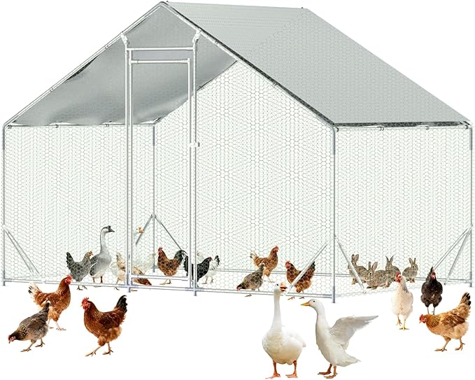 Large Metal Chicken Coop,10x6.5 FT Walk in Chicken Runs with Cover for 10 Chickens,Hen House Enclosure with Security Lock, Outdoor Duck Rabbit Cage Poultry Pens for Backyard,Farm,Yard