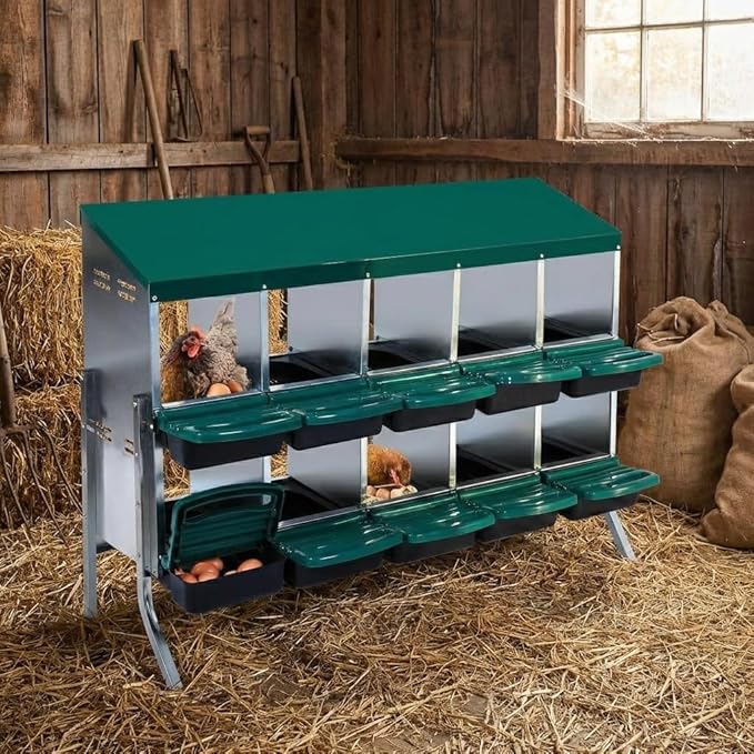 GarveeLife Chicken Nesting Box, 10 Compartments Nesting Boxes for Chickens, Chicken Laying Boxes with Metal Leg, Roll Away Nesting Box for Chickens Laying Egg to Protect Eggs, Green