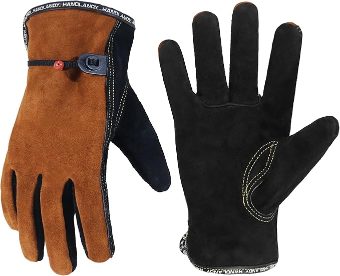 HANDLANDY Leather Work Gloves for Men and Women, Utility Tough Cowhide Glove