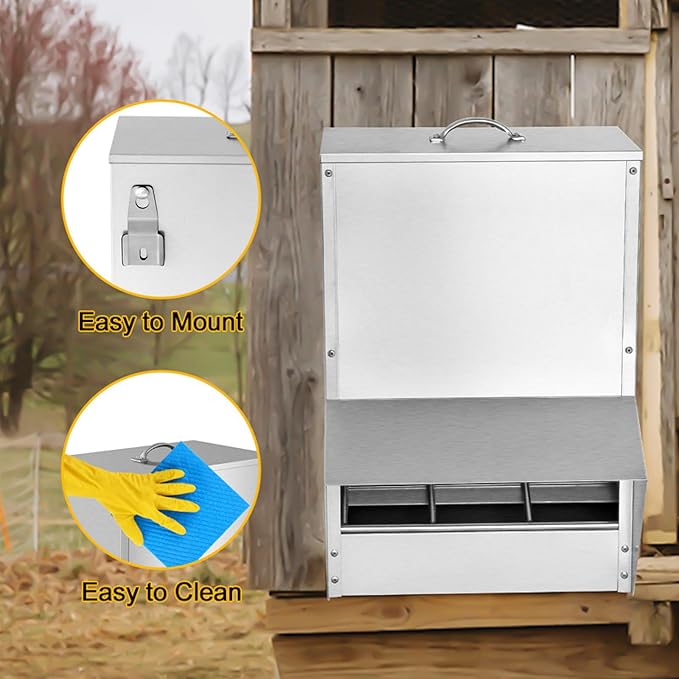 Galvanized Chicken Feeder 50lbs Capacity, Weatherproof Chicken Food Dispenser with Lid, Rat Proof Steel Poultry Feeders No Waste for Chicken and Rabbits, Silver