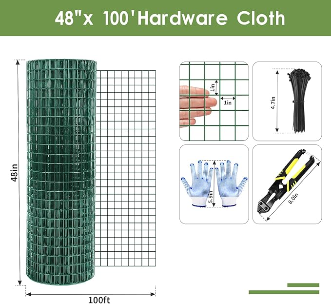 Tongmo 48" x 100' Green Chicken Wire Fencing, 19 Gauge Green Wire Fence, 1"x1" Mesh Size Metal Welded Wire Garden Fence Roll, Poultry Netting for Rabbit/Duck/Chicken