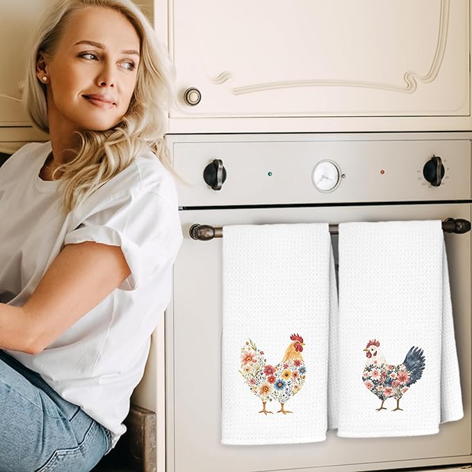 Floral Chicken Kitchen Towels, Chicken Lover Mom Lady Gifts Hand Towels for Bathroom Kitchen, Aesthetic Farm Animal Hens Decorative Dish Towels Drying Cloth, 16x24 Inch Set of 2