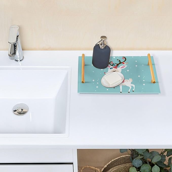 Bathroom Vanity Tray Counter Organizer, Christms Deer in The Snow Decorative Tray with Handles Countertop Storage for Bathroom Bedroom Kitchen Home Farmhouse
