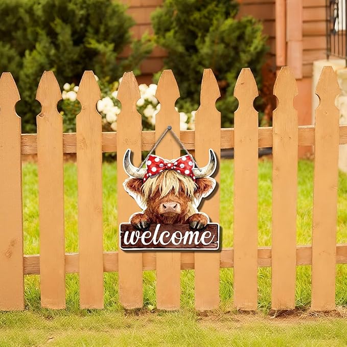 Farmhouse Wall Decor, Highland Cow Welcome Sign with Red Bow, Rustic Wood Hanging Plaque, Watercolor Oil Painting Style Farm Animal Wall Art for Country Porch Kitchen or Entry, 9.8x9.6 Inches