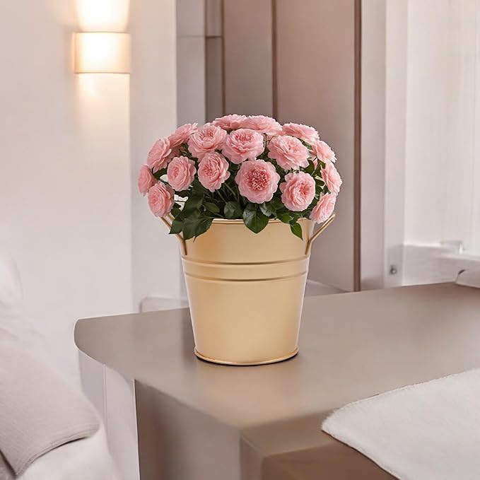 Hosley Set of 3 Gold Metal Bucket/Pots with PVC Liner, Ideal Gift for Floral Arrangements Wedding Home Office Party DIY Indoor Outdoor Garden Patio 5" Dia x 5" H
