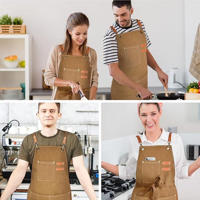Chef Apron for Men Women Canvas Aprons with 3 Pockets Cross Back Resistant Work Apron for Cooking