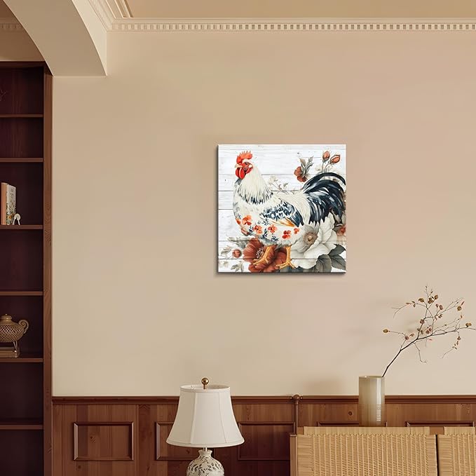 Framed Chicken Wall Art 16x16 Inch Rooster on Flower Stand Canvas Print Farmhouse Country Style Artwork for Kitchen Living Room Rustic Home Wall Decor (Rooster and flowers, 24L×24W)