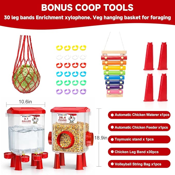 Large Chicken Feeder and Waterer Set 3.1 Gallon/26.4 Pounds, Automatic Chicken Waterer with 4 Cups & 3 Feeder Ports No Waste Poultry Feeders & Waterers, Chicken Coop Accessories for Hens/Poult