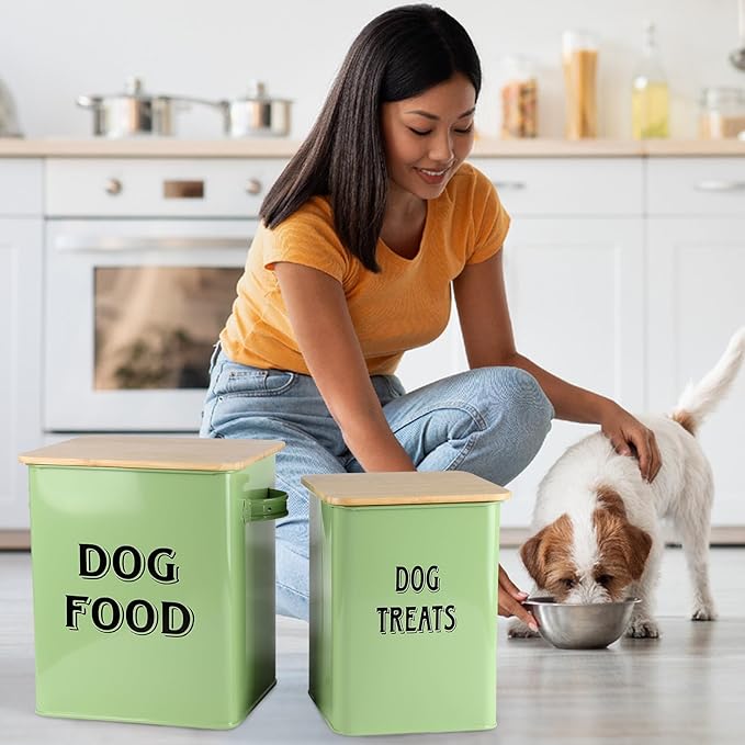 Morezi Dog Food Storage Container Farmhouse Pet Food Treats Bin with Lid and Scoop, Perfect Sturdy Canister Tins for Kitchen Countertop, Shelf, Great Gift for Pet Owners - Dog Food - Green