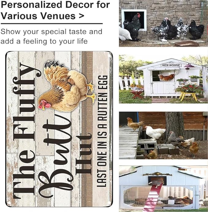 Fluffy Butt Hut Tin Sign Outdoor Decor with Chicken Design for Yard Patio Farmhouse 12x8 Inch