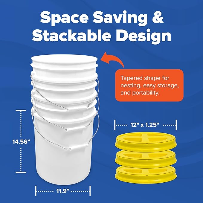 ePackageSupply 5 Gallon White Bucket with Yellow Gamma Seal Screw on Airtight Lid | Made in USA | Food Grade | Heavy-Duty HPDE Plastic | Durable 90 Mil Pail | Easy Stack and Store | BPA Free (6 Count)
