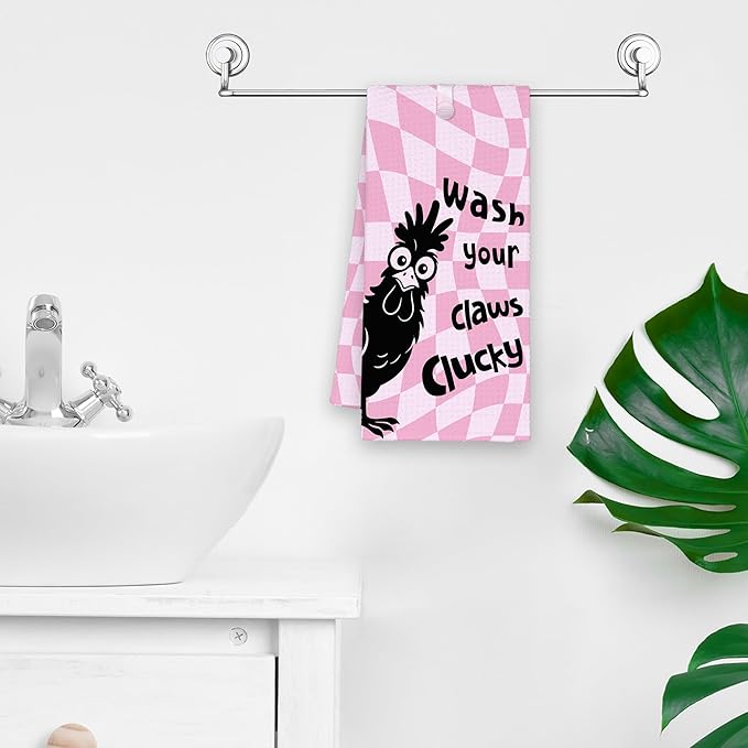 Pink Funny Chicken Rooster Bathroom Kitchen Towels, Wash Your Claws Hand Towel for Girly Room, Farmhouse Cock Gifts for Farmer, Trendy Preppy Checkered Dish Towels Decor for Dorm Home 16x24in