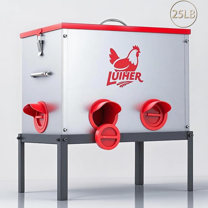 chicken food dispenser 25LB no waste chincken feeder 6 Ports Large Capacity Galvanized Metal Poultry Feeder with Legs and Lids - Reduces Refilling Frequency Chicken Feeding Equipment for Hen Coop