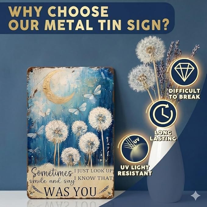 PEACHGARDEN Dragonfly Dandelion Vintage Tin Sign Just Look Up Smile Say I Know That Was You Wall Art Decor for Home Living Room Bedroom Office Cafe And Pub Decoration 8x12inch