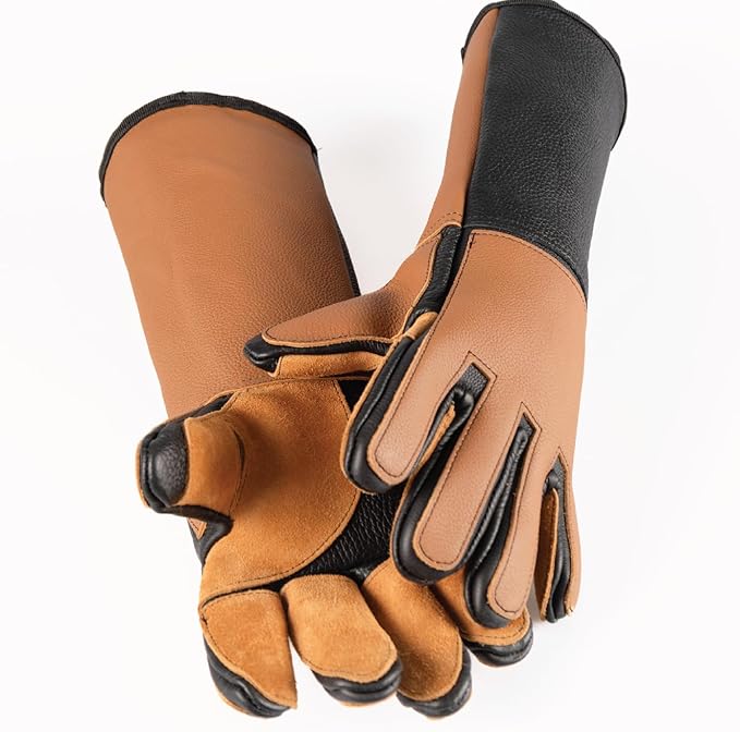 Animal Handling Gloves,%100 Real Leather, Bite Proof, 3 Solid Layers, Handmade, Dog Bite and Cat Scratch, Bird Handling, Wiped Clean, Vet Approved, 18" Black and Tan
