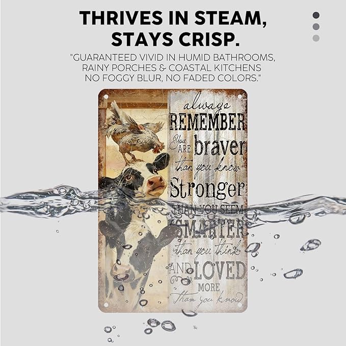 Vintage Inspirational Tin Sign Always Remember You Are Braver Retro Cow Metal Poster Rustic Chicken Nostalgic Metal Sign Wall Decor For Home Farmhouse Farm Room Cafe Bedroom 12 * 8In