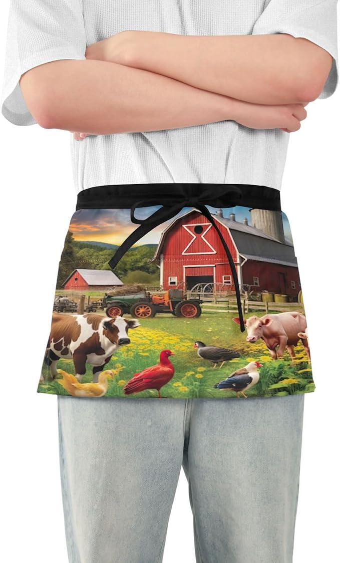 Farmhouse Animals Waist Apron with 3 Pockets Water & Oil Resistant Short Waiter Apron Server Waitress Half Apron for Cooking Gardening