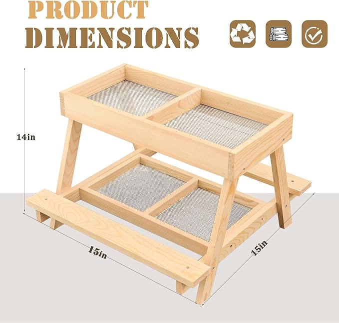 Chicken feeder,squirrel picnic table feeder,poultry feeder,chicken coop decor,Chicken Feeder No Waste Kit with Picnic Table,Two stainless steel mesh screens keep food clean and dry (wood color)