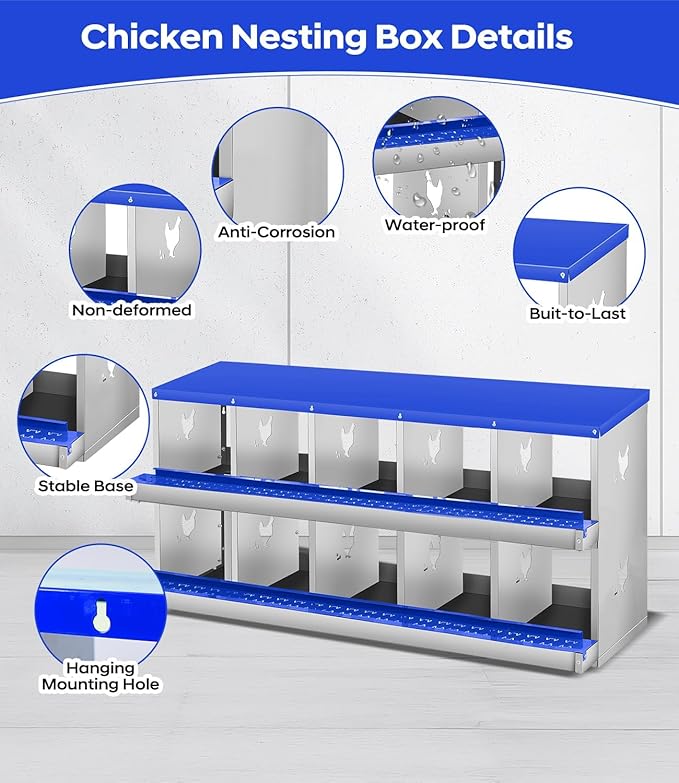 Durable Blue Poultry Nest Box - Metal Chicken Nesting Box for Small Animals - 10 Compartments, Wall Mount, Easy Egg Collection & Protection, No Legs - Blue, 10 Compartments, No Legs