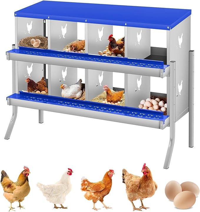 8-Hole Chicken Nesting Box, Rustproof Galvanized Steel, Wall-Mounted Metal Laying Box for Hens, Easy Egg Collection & Cleaning, Roll Away Nest Boxes - Blue