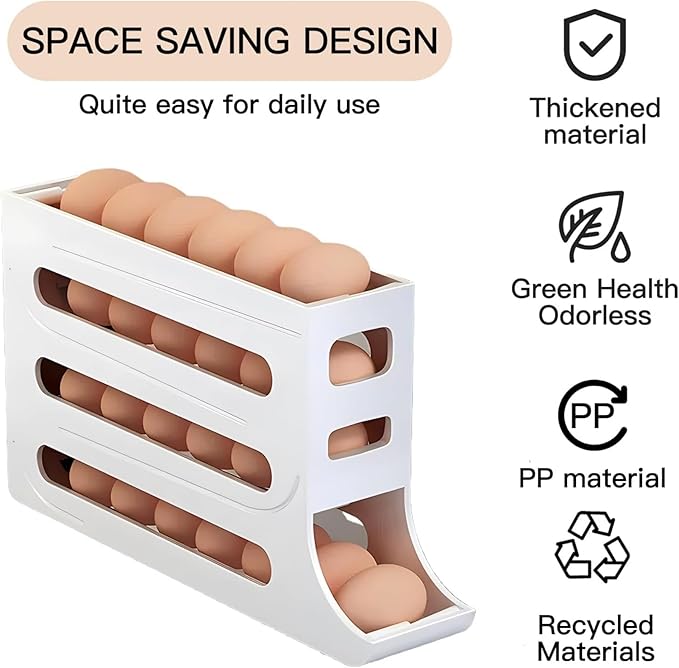 30 Eggs Egg Holder for Fridge,4 Tiers Egg Container,Auto Rolling Fridge Egg Organizer for Refrigerator,Space-Saving Egg Dispenser Holder,Fridge Egg Rack (Yellow, 1pack)