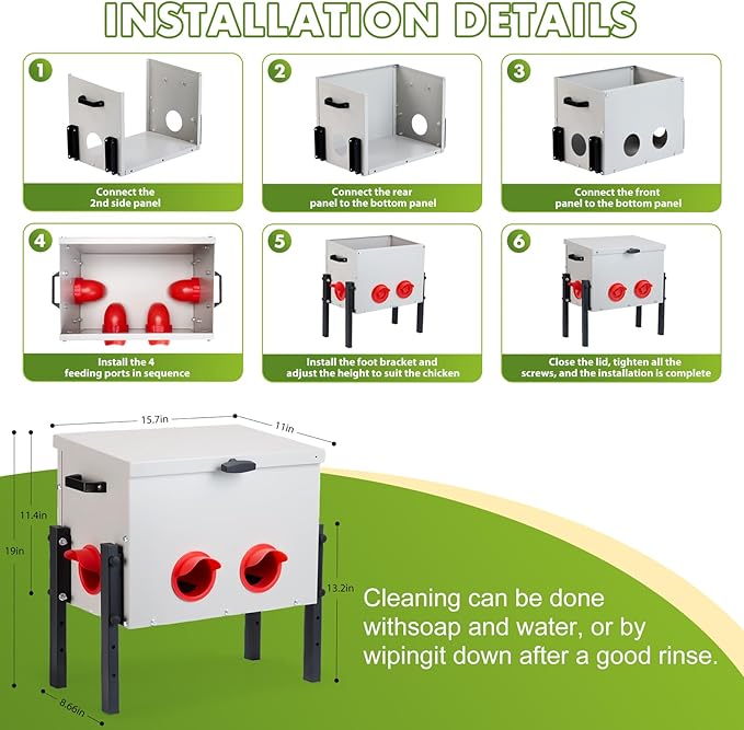 Metal Chicken Feeder with 4 Ports, 30 lbs Metal Poultry Feeder, Height Adjustable Weatherproof Feeding Box for Chickens, Geese, Ducks, Turkeys, Quails (30lbs-4 Ports)