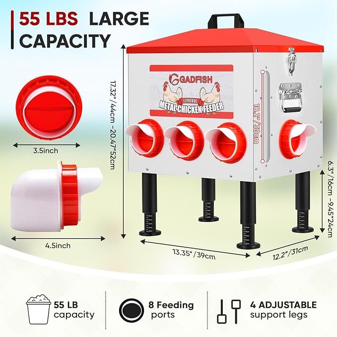 GADFISH 55 lbs Large Capacity Automatic Chicken Feeder - 8 Feeding Ports, No Waste Chicken Feeder, Height-Adjustable Legs & Secure Locking Lid for Chickens, Ducks & Poultry