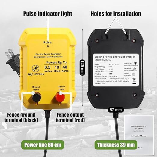 Electric Fence for Preventing Animals Intruding 2 Mile 110VAC 0.5 Joule Electric Plug in Fence, 50 Black Insulator and 1 Socket Tool 250ft Aluminum Wire for Animals and Keep Out Predators