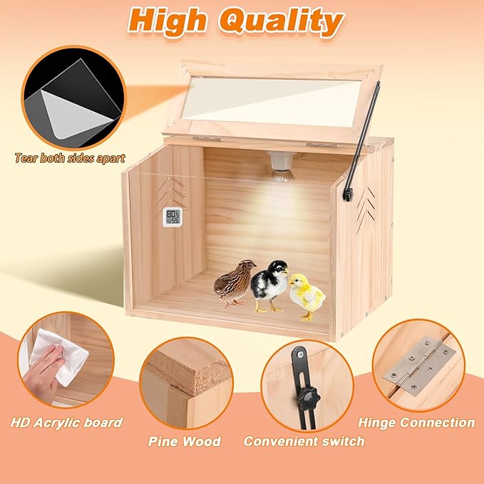 Chick Brooder Box,Brooder Box for Chicks,16" Lx12 Wx12 H, Ducks,Chicken Coop,Quail cage,2 Washable Liners,Adjustable Temperature Control.