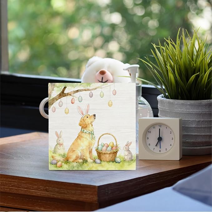 Easter Golden Retriever Dog Wooden Box Sign Desk Decor, Spring Easter Egg Rabbit Ear Golden Retriever Wood Signs for Home Office Desk Table Shelf Decorations, 5x5 Inch