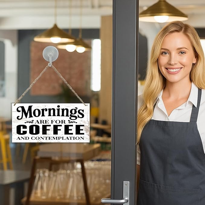 Coffee Bar Wooden Hanging Decor, Mornings are for Coffee and Contemplation Sign, Vintage Kitchen Decor, Rustic Farmhouse Cafe Decoration Accessories 12 x 6 Inches