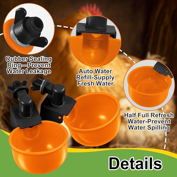 Tanlade 50 Packs Chicken Waterer Chicken Feeder, Automatic Waterer Kit for Poultry Duck Goose Turkey Bunny (Orange)