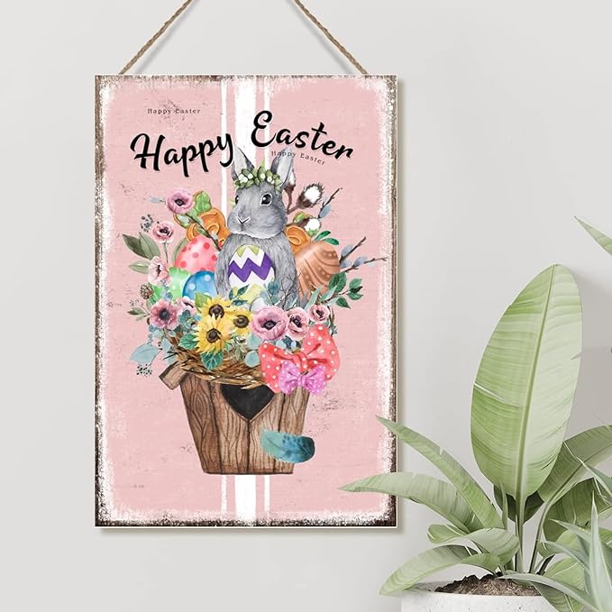 Happy Easter Flower Basket Bunny Wood Decorations Signs French Style Floral Pink Stripes Wood Wall Sign Happy Easter Eggs Bunny Wall Art Sign for Living Room Front Porch 12x18in